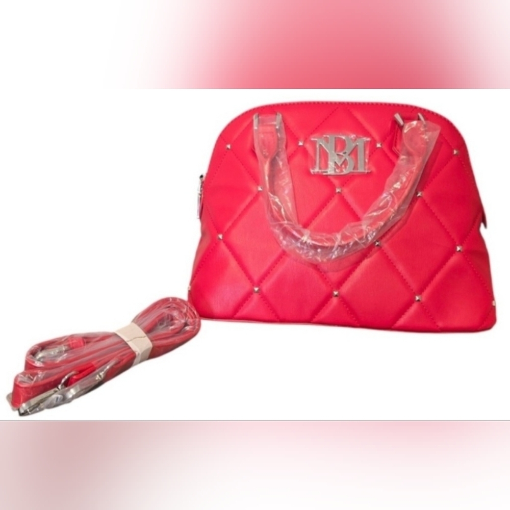 Badgley Mischka Red Quilted Satchell With Silver Accents, New! - Picture 2 of 7